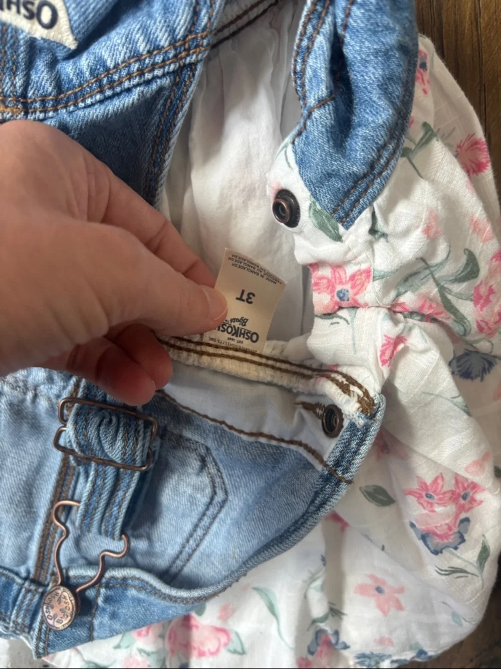 OshKosh B'gosh Denim Overall Dress with Floral Skirt - Light Blue & White